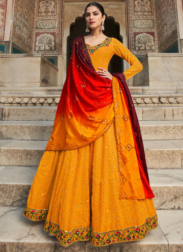 Marvelous Multi Thread Work Georgette Yellow Gown With Dupatta